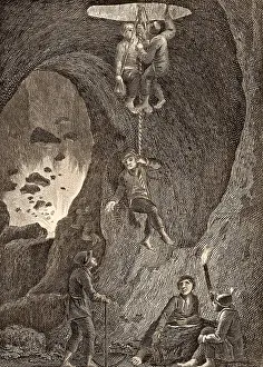 Lowered: Miners being lowered by ropes into the silver