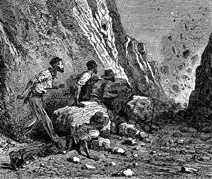 Dynamite: Miners using dynamite for blasting. Wood engraving