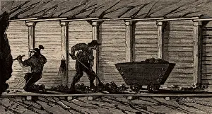 1869: Miners working in a timbered level. 1869
