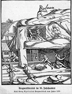 Georgius: mining, mine in the 16th century, woodcut after