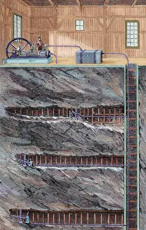 Miner: Mining. Coal mine with several floors. Colored engraving