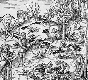 Dowsing: mining, exploration of deposits, coloured woodcut