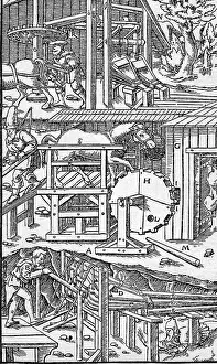 Capstan: mining, mine, capstan in a mine, woodcut from
