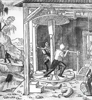 Georgius: mining, mine, mine elevator, woodcut from Vom