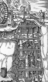 Georgius: mining, mine, pump station, woodcut from Vom