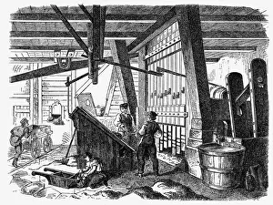 Erfindungen: mining, ore mining, dry stamp mill, wood engraving