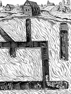 Bergwerk: mining, shafts / adits, cross-section of a mine