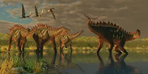 Banthensis: A Miragaia dinosaur bellows in protest as others try to ?