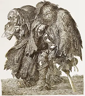 Gurdy: misery, poverty, beggars, copper engraving, 17th