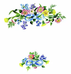 Motifs: Mixed flowers and blue ribbon bows