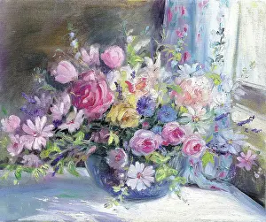 Sill: Mixed Flowers by Window Sill ' Cornflowers, pink and yellow
