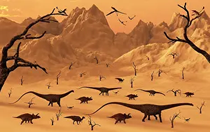 A mixed herd of dinosaurs migrate to greener pastures