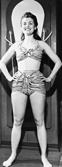 Chintz: Model in a 1946 striped glazed cotton chintz bathing