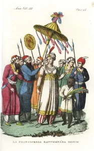 Ferrario: Moghul princess Ravchenara Begum on a walk