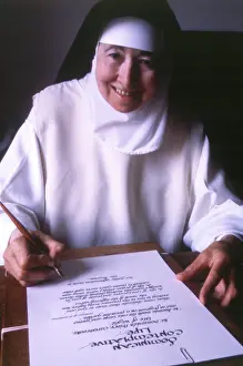 Carisbrooke: Monastic life - nun doing calligraphy, Carisbrooke Priory