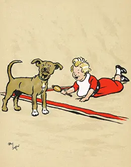 Playtime Nostalgia Illustration: Mongrel puppy and little boy with rattle