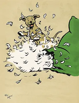 Misbehaving: Mongrel puppy makes a mess of a cushion