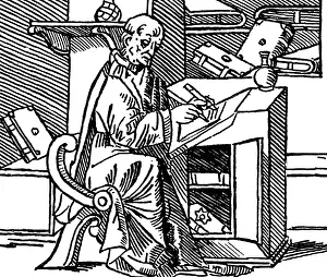 Shorthand: Monk in medieval scriptorium