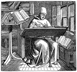 Scriptorium: Monk at work on a manuscript in the corner of
