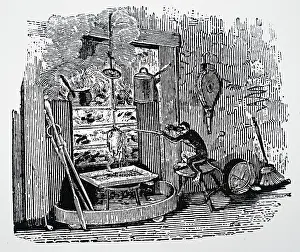 Basting: Monkey basting a bird cooking in front of a typical
