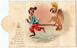 Cockatoos: Monkey and cockatoo on a Christmas card