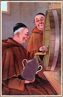 David Pearson: Two monks with barrel on a comic German greetings card