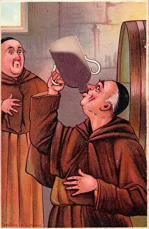 David Pearson: Two monks with barrel on a comic German greetings card