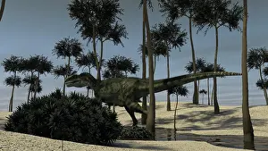 Monolophosaurus: Monolophosaurus running along a stream
