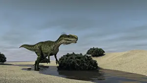 Monolophosaurus: Monolophosaurus running through a stream