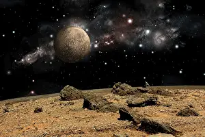 Craters: A moon rises over a rocky and barren alien landscape
