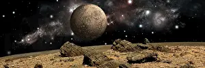 Craters: A moon rises over a rocky and barren alien landscape
