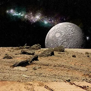 Moonlight: A moon rises over a rocky and barren alien landscape