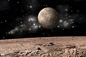 Impact: A moon rises over a rocky and barren alien landscape