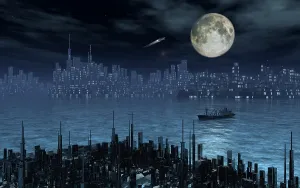 Moonlight: A moonlit coastal city, with a freighter ship