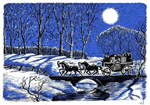 Snowscene: Moonlit snowscene with coach on bridge
