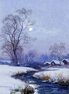 Forestier: Moonlit Snowscene with River and Cottages
