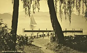 Voglmayr: Morning at the Attersee. Sailboat in front of a