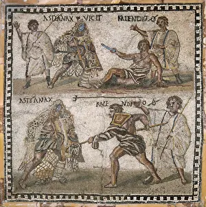 Retiarius: Mosaic of gladiators, third century. Two scenes