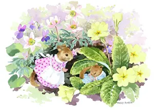 Anemones: Mother and baby mouse among primroses