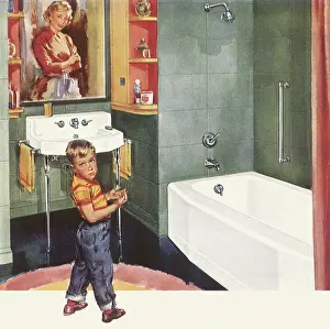 Playtime: Mother and Boy in Bathroom