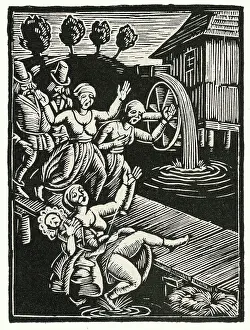 Skoczylas: Mother & child falling off footbridge