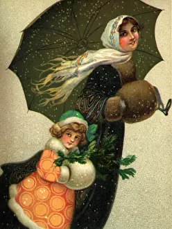Muffs: Mother and Child in Snow with Umbrella