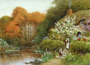 Lupins: Mother and children in front of a cottage