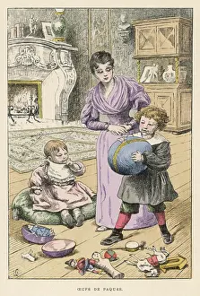Brat: Mother and children with Easter eggs and toys