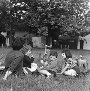 Trike: Mother and three children sitting on the grass