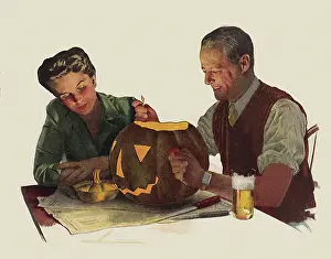 Pumpkin: Mother and Father carving a Pumpkin