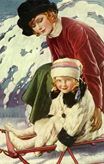 Sledding: Mother and Girl with Sled