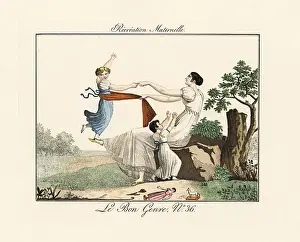Mesangere: Mother playing with daughters in a garden