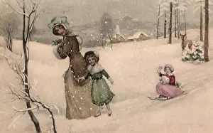 Sledding: Mother with Sledding and Walking Girls
