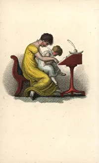 Legrand: Mother teaching her child to write at a writing desk
